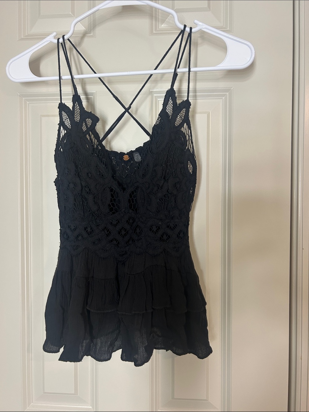 Free People Black Lace Crochet Tiered Spaghetti Strap Tank